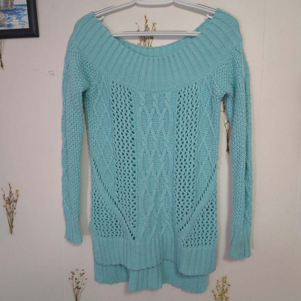 Aerie Cable Knit Sweater Size M Turquoise Blue Off The Shoulder